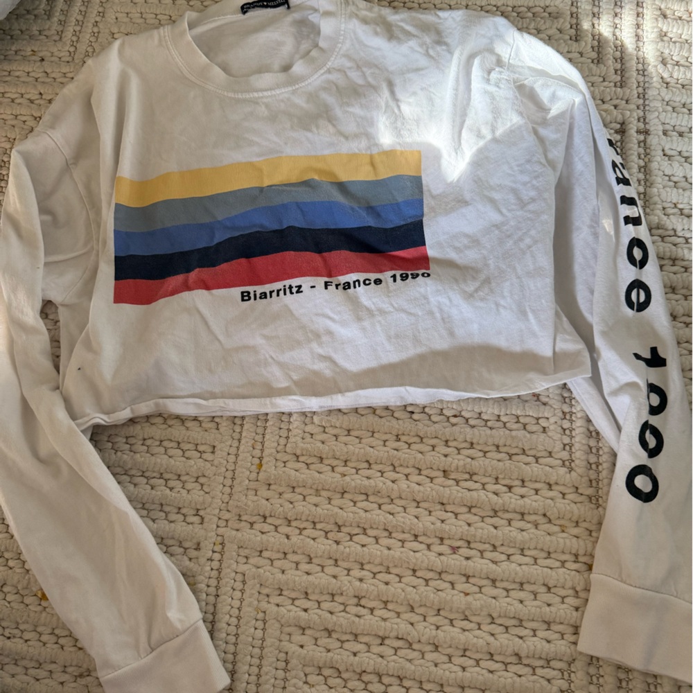 Brandy Melville White Long-Sleeve Graphic Tee with Multi-Color Stripes